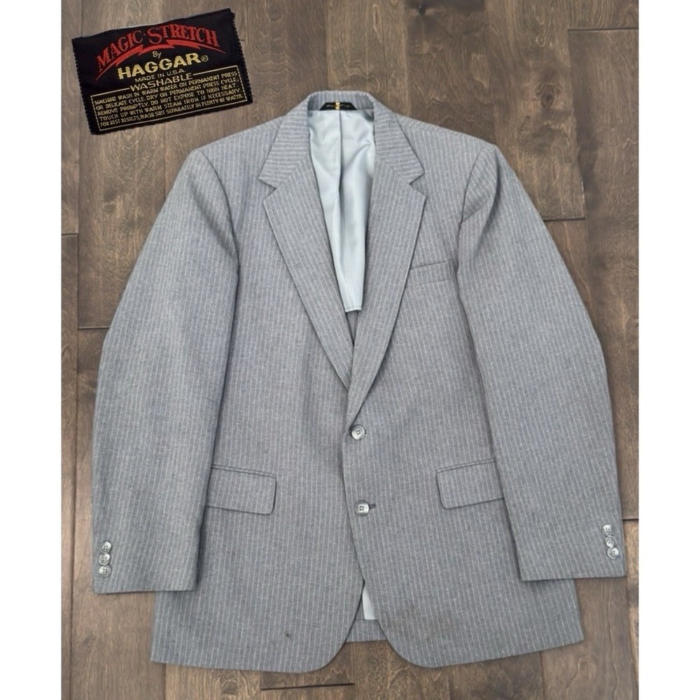 Haggar Magic Stretch Jacket Mens 42L Grey Pinstripe Blazer Two Button USA Made